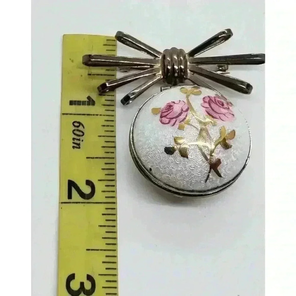 Vintage Brooch Double Locket Guilloche Roses NOS Ball & Ribbon Bow 12k Gold GE - Picture 4 of 10